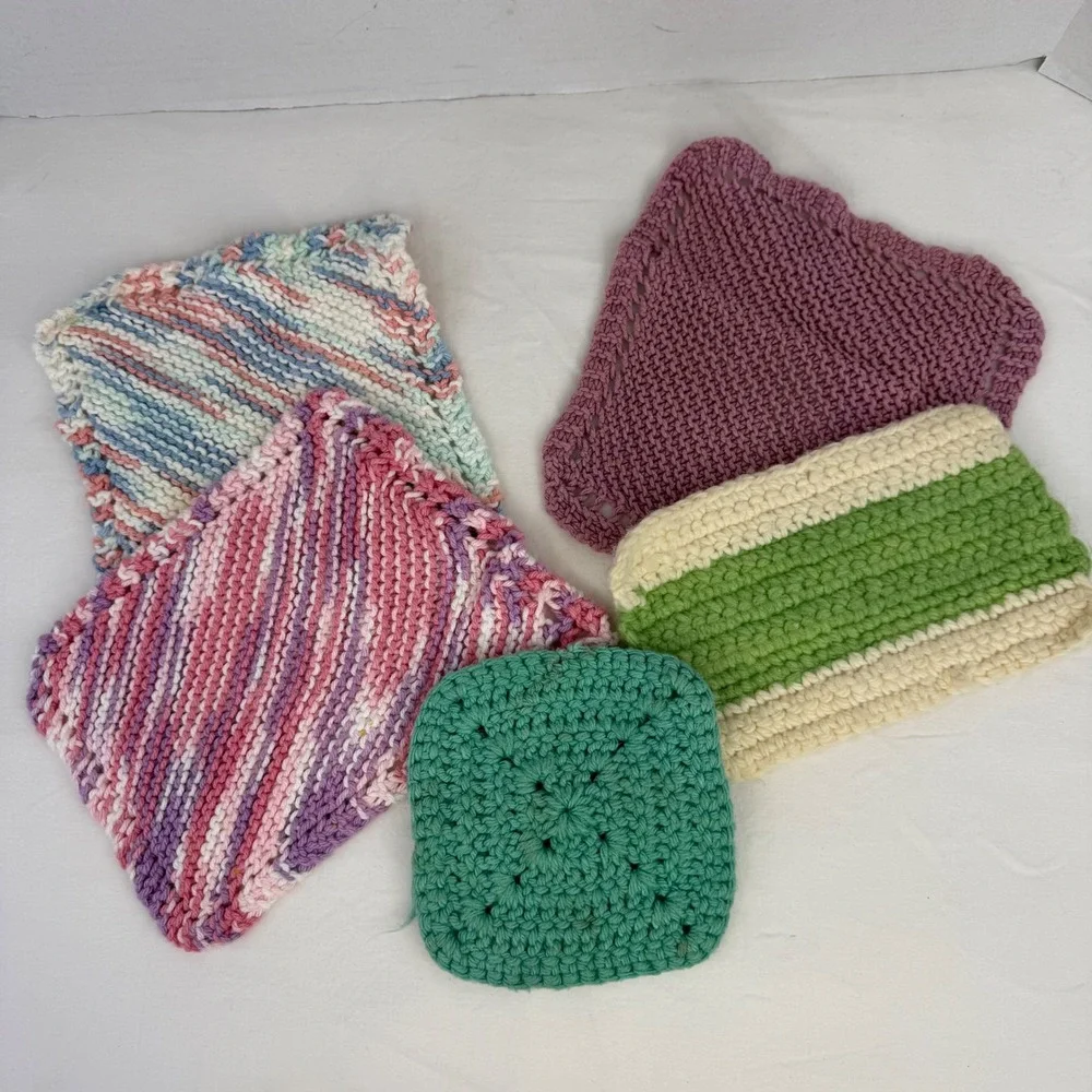 Handmade Crochet‎ Knit Dishcloth Set 5pc Cotton Reusable Washcloths Multi Color